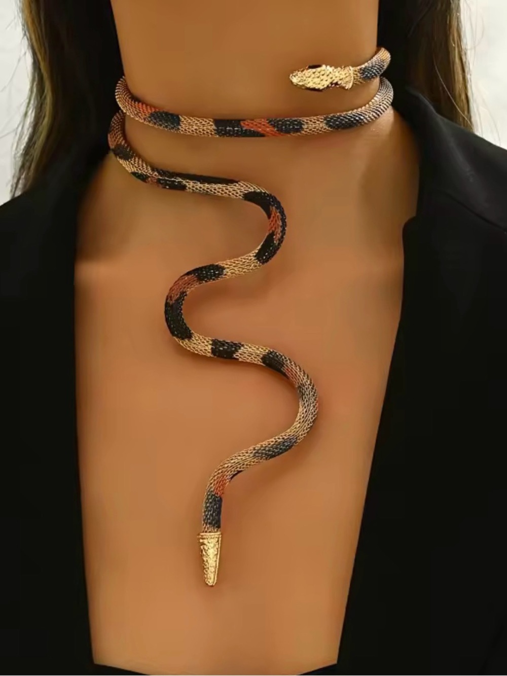 Gold-Tone Snake Wrap Choker Necklace with Black and Brown Accents